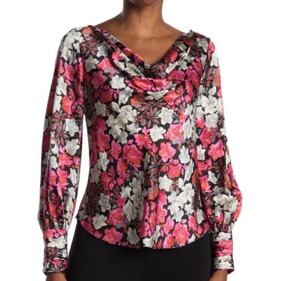 Cinq a Sept 'Taylee' Cowl-Neck Floral-Print Silk Top, Black Multi - Picture 1 of 2